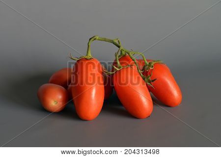 Tomatoes San Marzano, Campania, italy

Group of tomatoes San Marzano, bunch cluster, still life on gray-blue background