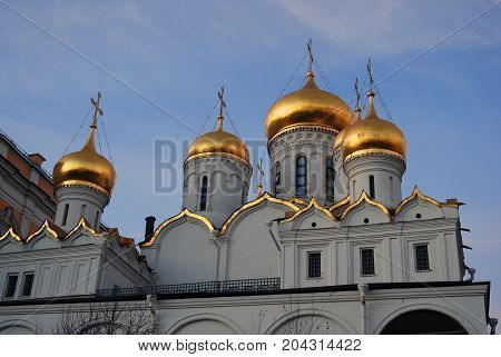 Annunciation church of Moscow Kremlin. UNESCO World Heritage Site. Color photo. Blue sky background.