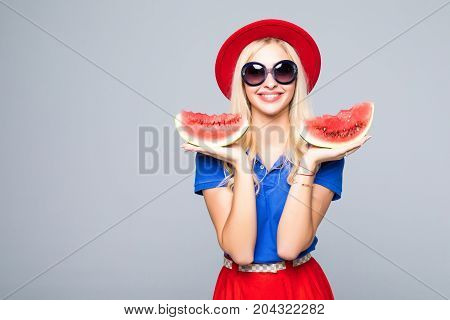 Beauty Blonde Woman With Watermalon In Hands In Stylish Color Summer Clothes And Sunglasses On Gray