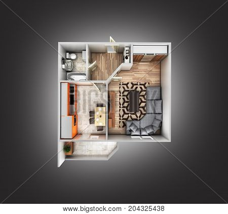 Interior Apartment Roofless Top View Apartment Layout On Grey Gradient Background 3D Render