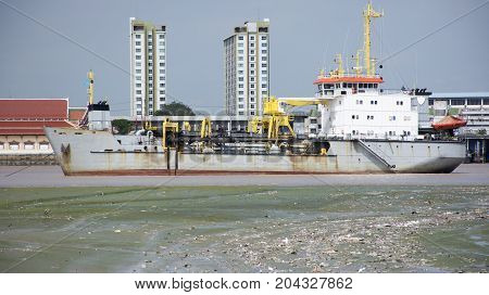 Logistic Ship Stop Wait Water Level Up At Estuary Of Chao Phraya River At Amphoe Phra Samut Chedi