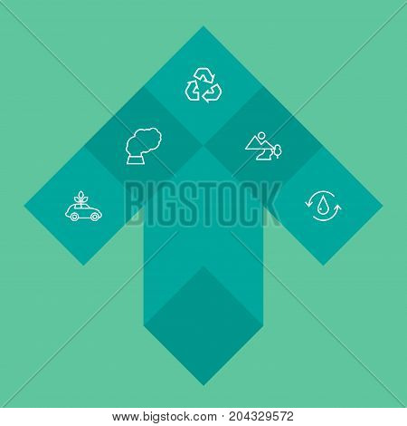Collection Of Ecol, Recycling, Landscape Elements.  Set Of 5 Ecology Outline Icons Set.