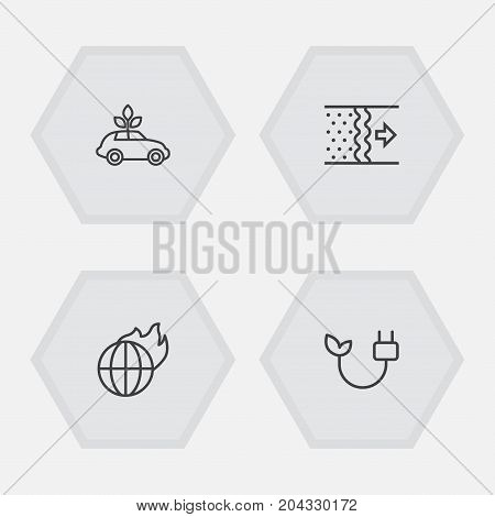 Collection Of Global Warming, Electricity, Ecol And Other Elements.  Set Of 4 Bio Outline Icons Set.