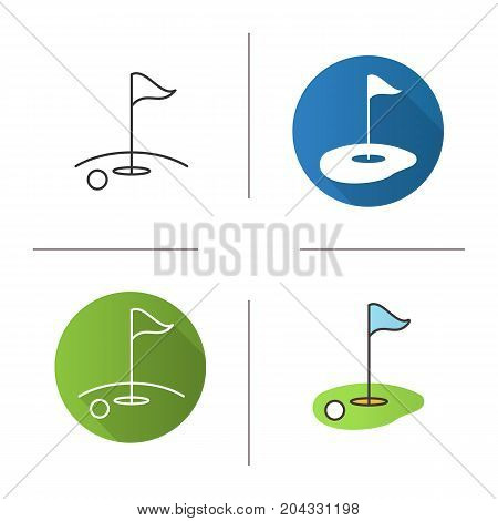 Golf course icon. Flat design, linear and color styles. Golf flagstick in hole with ball. Isolated vector illustrations