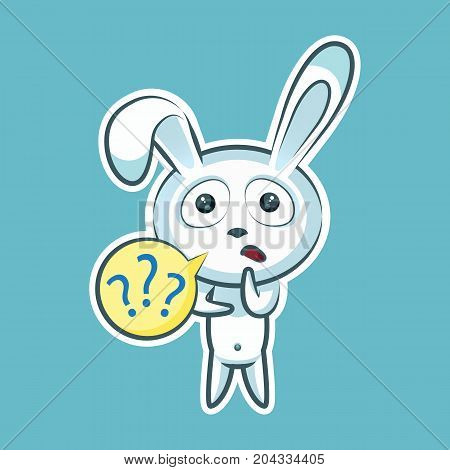 Sticker emoji emoticon, emotion what, misunderstanding, question marks, vector isolated character sweet, cute white rabbit, bunny, hare, coney, cony, lapin for happy Easter mobile app
