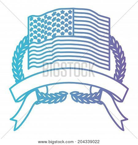 united states flag with olive branch crown with entrelace ribbon on bottom in color gradient silhouette from purple to blue vector illustration
