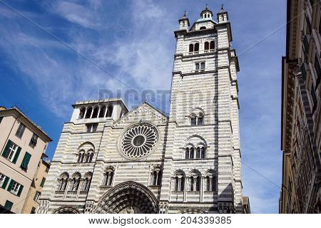 GENOVA, ITALY - July 20, 2017: The Genoa Cathedral or Duomo di Genova or Cattedrale di San Lorenzo in the center of Genova old town