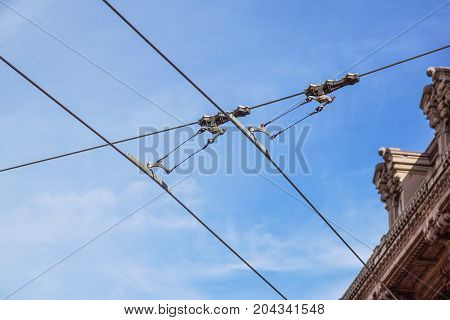 Streetcars or tram electric wires close up