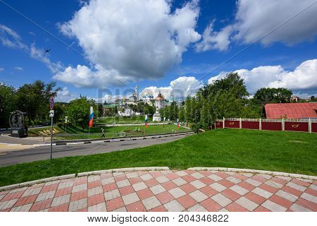 SERGIYEV POSAD/ RUSSIA - AUGUST 3, 2017. Sergiyev Posad monastery (Trinity Lavra of St. Sergius) as seen from the viewing platform nearby. Sergiyev Posad, Moscow region, Golden ring, Russia