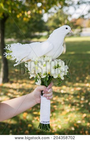 Doves on wedding bouquet outdoor near forrest