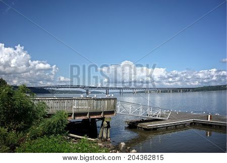 A scenic view of the Newburgh-Beacon Bridge over the Hudson River in Orange County New York.
