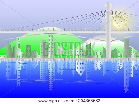 Cityscape of Buildings and suspension bridges paper style with mountains and moon backgroundreflection of buildings in rivervector illustration.