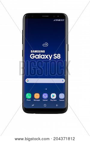 Varna, Bulgaria - May, 11, 2017: Studio Shot Of A Black Samsung Galaxy S8 Smartphone, With 12 Mp, F