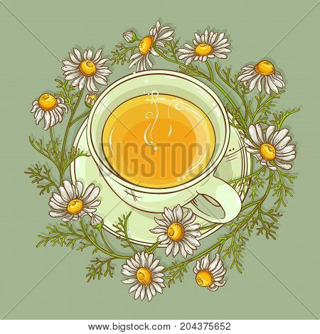 cup of chamomile tea on color background