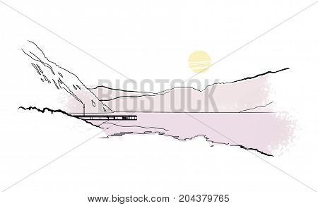 Sunset on the North Sea pier by the mountain. Isolated on white background. Raster illustration