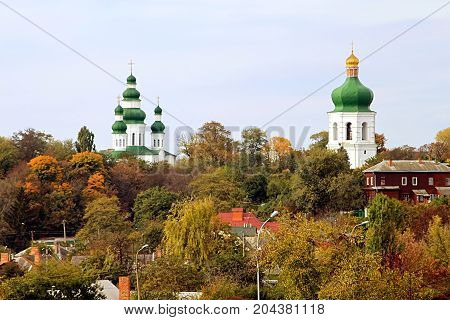Bell Tower (17th century) and church of Eletsky Women's monastery and the city of Chernihiv, Ukraine