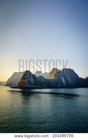 Halong bay sunset　landscape with karst islands. Ha Long Bay is UNESCO World Heritage Site and popular tourist destination