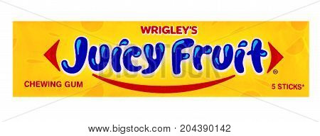 Chisinau Moldova - SEPTENBER 15 2017: Wrigley's Juicy Fruit chewing gum 5 sticks isolated on white background with clipping path. Juicy Fruit chewing gum are produced by Wrigley Company