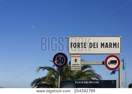 FORTE DEI MARMI, ITALY - AUGUST 25 2015: Forte dei Marmi city board in Italy Tuscany