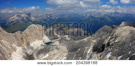 View of from Catinaccio d'Antermoia summit, the highest mountain of Catinaccio group, Dolomites, Trentino, South Tyrol, Italy