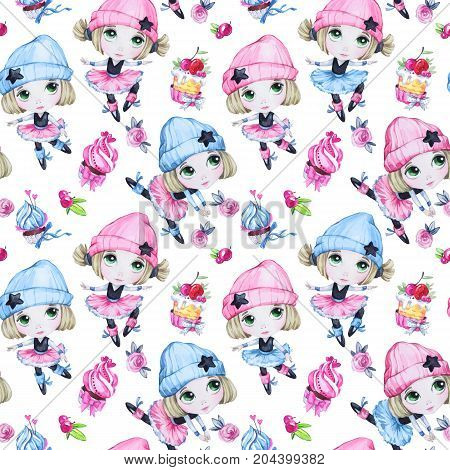 Watercolor seamless pattern. Ballet girls with sweet cakes. Dancing princesses. Teenager. Celebration birthday party. Baby background. Can be use in holidays, birthday design, posters, cards.