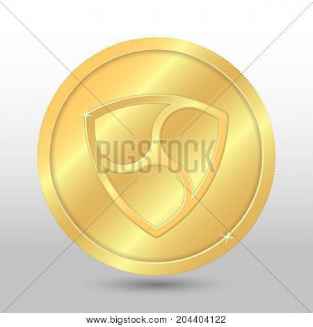 Gold Vector Nem Coin On A Gray Background. Virtual Currency