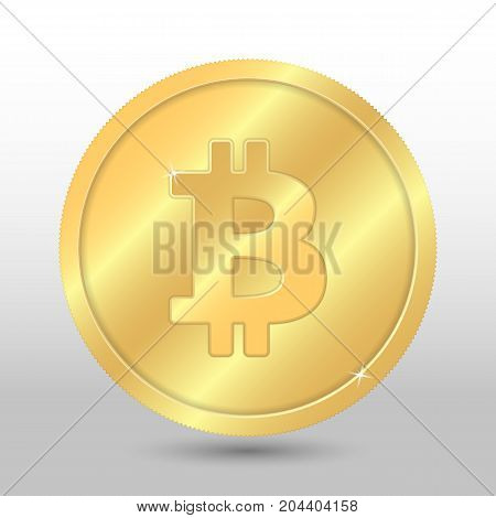 Gold Vector Bitcoin Coin On A Gray Background. Virtual Currency