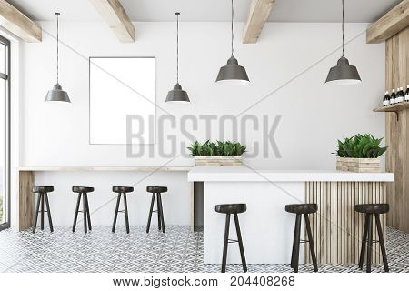 White bar interior with a wooden bar stand a row of dark wooden chairs and a framed vertical poster on a wall. 3d rendering mock up