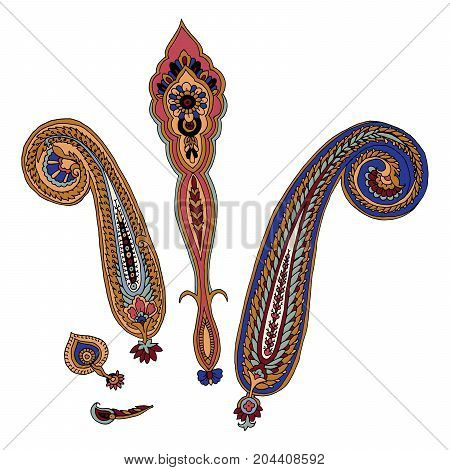 Vector set of colorful  paisley elements.  traditional motives of Russia, India, Persia on white background. For your design.