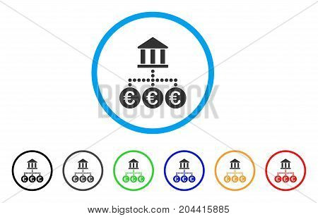 Euro Bank Transactions icon. Vector illustration style is a flat iconic euro bank transactions grey rounded symbol inside light blue circle with black, gray, green, blue, red,