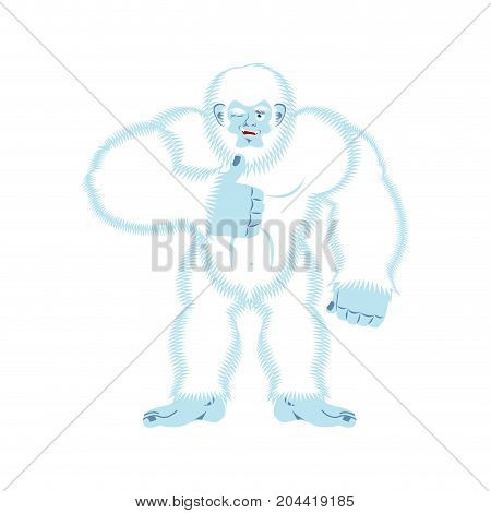 Yeti Thumbs Up. Bigfoot Winks Emoji. Abominable Snowman Cheerful. Vector Illustration