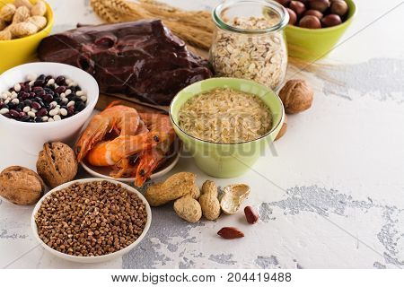 Food rich of copper Cu. Healthy diet for high hemoglobin, against varicose and anemia. Top view