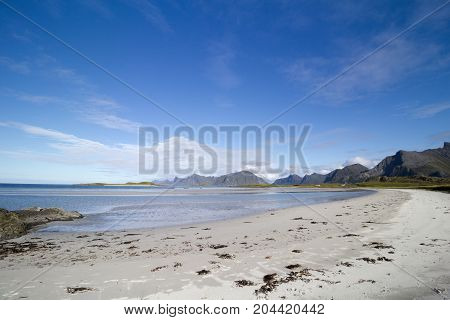Yttersand Beach located on the northern tip of Moskenesoy Lofoten Islands Norway