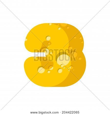 Figure 3 Cheese Font. Numeral Three Of Cheesy Alphabet. Dairy Food Type Sign. Vector Illustration