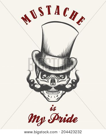 Human skull with big mustache in the cylinder hat. Vector Illustration.