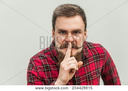 Shh Sign. Anger Businessman With Beard And Handlebar Mustache