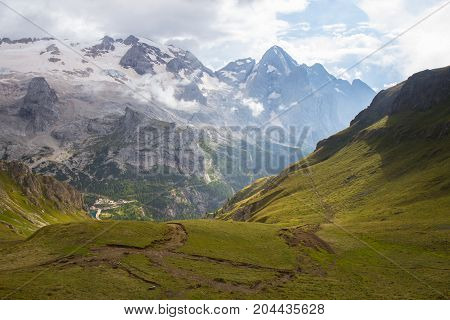 view of Marmolada glacier from Arabba cable car, Dolomites