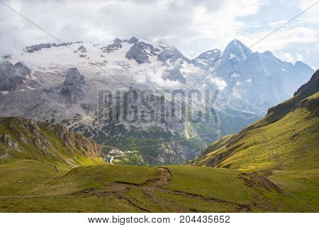 view of Marmolada glacier from Arabba cable car, Dolomites