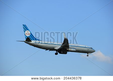 Amsterdam the Netherlands - May 20th 2017: PH-BXA KLM Royal Dutch Airlines Boeing 737-800 approaching Schiphol Polderbaan runway painted in retro livery for KLM 90th anniversary