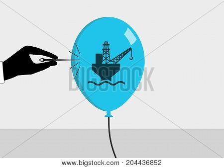 Oil crisis and declining oil price concept. Vector illustration of hand and needle bursting a bubble or balloon with symbol for oil production.