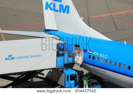 Amsterdam The Netherlands - May 26th 2017: PH-BXG KLM Royal Dutch Airlines Boeing 737 and KLM catering service