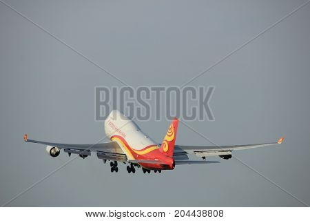 Amsterdam the Netherlands - June 2nd 2017: B-2432 Yangtze River Express Boeing 747 taking off from Polderbaan Runway Amsterdam Airport Schiphol