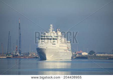 Velsen The Netherlands - June 18th 2017: Silver Whisper- Silversea Cruises on North Sea Channel towards Amsterdam Cruise terminal