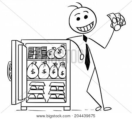Cartoon Illustration Of Happy Business Man Posing With Vault Full Of Money And Gold