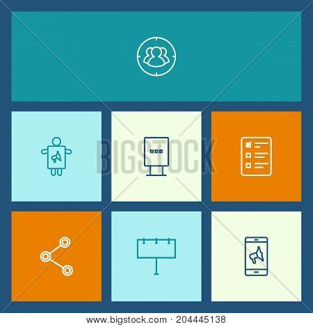 Collection Of Client Brief, Stand, Mobile Marketing Elements.  Set Of 7 Trade Outline Icons Set.