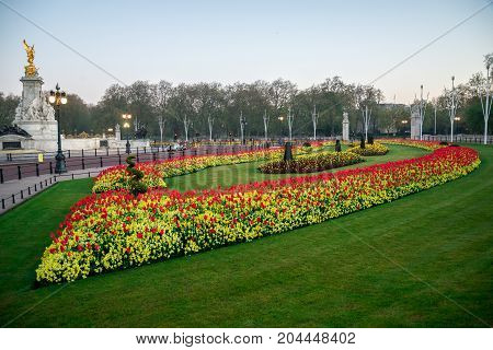 Flower-beds And Queen Victoria Memorial Near Buckingham Palace In London