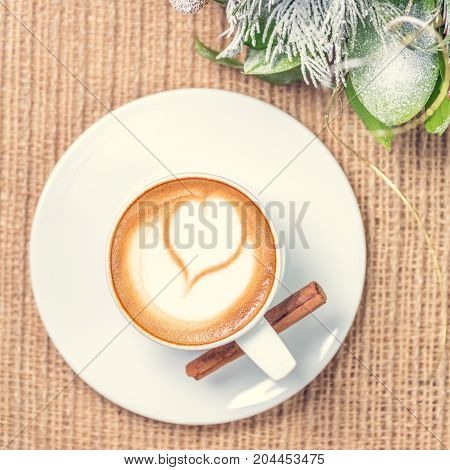 Cup Of Coffee Or Chai Tea With Latte Art And Christmas Decor. Leasure Time Concept. Pastel Colors