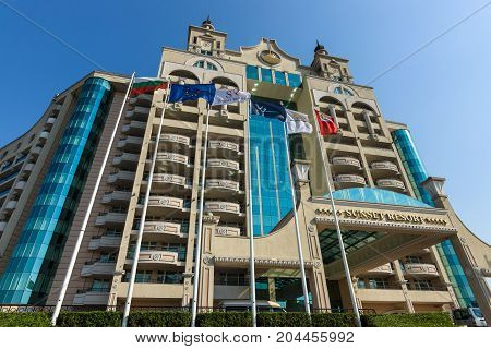 POMORIE BULGARIA - AUGUST 18 2017: The multi-storey facade of the modern five-star hotel Seaside Resort.