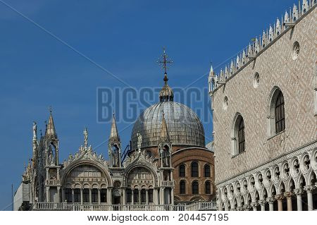 Fragment of  beauty Saint Mark's Basilica and  Doge's Palase at San Marco square or piazza, Venezia, Venice, Italy, Europe