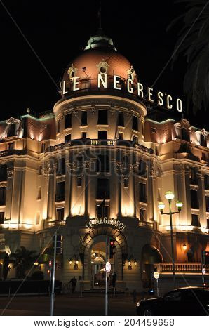 Nice, France - October 2012: Illuminated exterior of Hotel Negresco in Nice, France in October 2012
